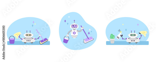 Set of cleaning robots. The robot cleans and does housework. Smart home and artificial intelligence concept. Vector illustration.