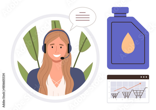 Woman wearing headset speaking, speech bubble, plant background, oil bottle, sales growth chart, shopping carts. Ideal for customer support, communication, retail e-commerce analysis sales