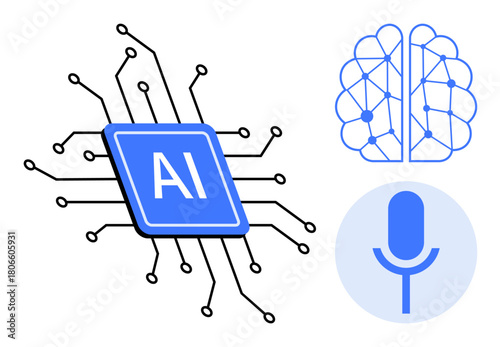 AI microchip with detailed neural network and microphone icon, representing technology, AI systems, voice recognition, machine learning, automation, data analysis, innovation in tech. Simple flat