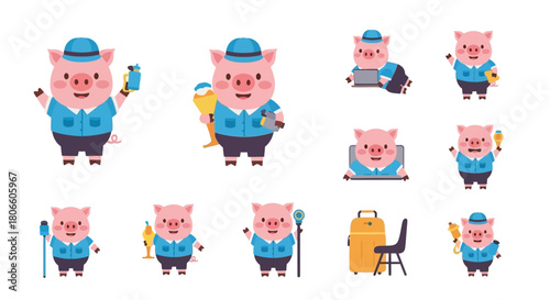 Cartoon pig characters in various activities, representing work, travel, and leisure in a set