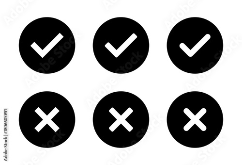 Check and cross mark icon set in black circle. Tick and X symbol. Correct and incorrect sign