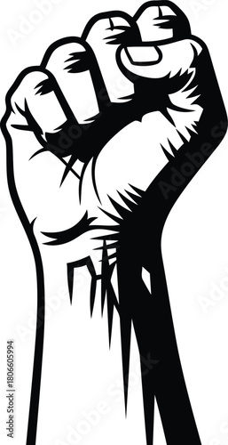 Raised clenched fist black and white vector illustration for strength and protest symbol