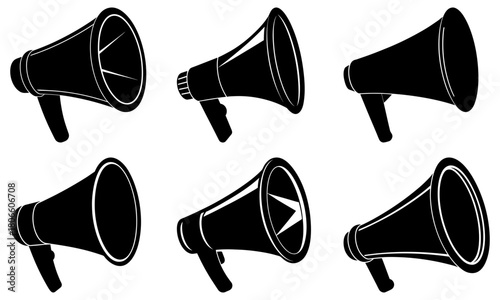 Dynamic set of megaphones for announcements, marketing, and activism, perfect for urgent news, protest, or sales promotion, vector illustration