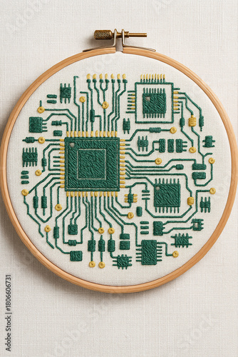 - Circuit board embroidery in hoop green and gold on white fabric