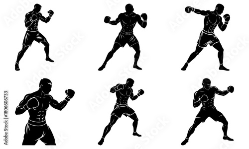 Dynamic boxing silhouettes showcasing powerful stances and movements, perfect for sports branding and fitness promotions, originally a scalable vector graphic