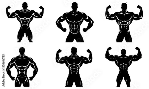 Powerful bodybuilder silhouettes flexing muscles, showcasing strength and fitness, originally a scalable vector graphic for versatile design applications