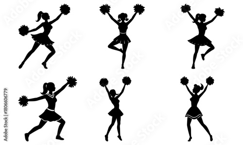 Dynamic cheerleading squad silhouettes in action poses, spirited team performance, energetic cheerleaders raising pom-poms, perfect for sports and events
