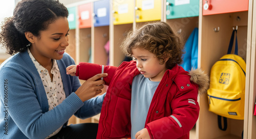 Caring female kindergarten teacher helping a little child put on a warm jacket during preparation for a walk in the hallway with colorful lockers.
