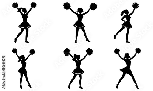 Dynamic cheerleaders raising pom poms in spirited performance, pep rally excitement, vector art design for school spirit events and team support visuals