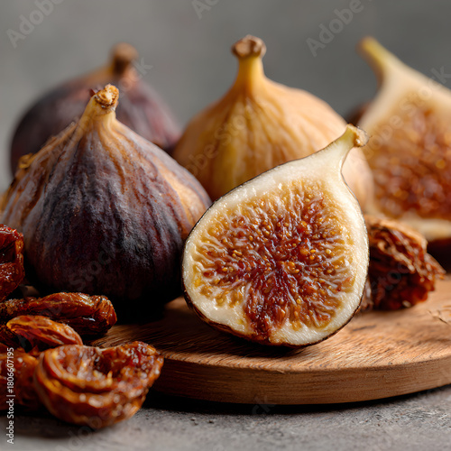 A closeup shot showcases a wooden board adorned with figs, some whole and others sliced, revealing their vibrant flesh and seeds, creating an inviting still life