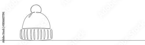 A continuous one-line drawing of a winter hat with a pom-pom, symbolizing cold weather and winter fashion