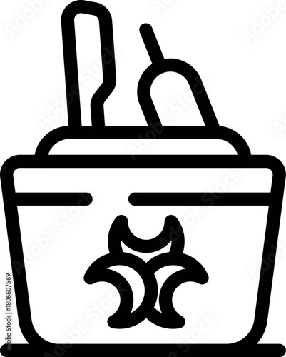 Medical waste container with tools and biohazard symbol promoting responsible disposal practices in healthcare settings
