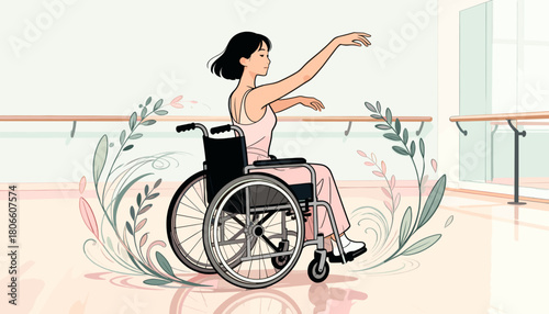 Young woman dancing in a wheelchair in a ballet studio with plants  