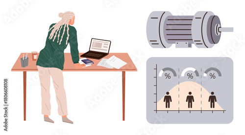 Woman leaning over a desk with laptop, graphs, and papers, analyzing motor and performance data. Ideal for engineering, research, data science, innovation, teamwork productivity simple flat