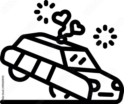 Wedding car speeding away decorated with hearts and fireworks, celebrating a just married couple