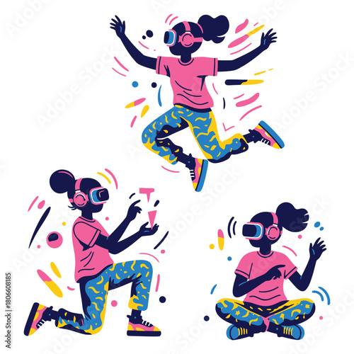 Virtual Reality Girl Poses Set: Gaming, Jumping, and Interacting Vector