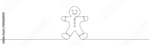 A continuous one-line drawing of a gingerbread man, symbolizing holiday treats and Christmas