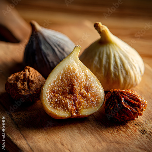 A captivating closeup of fresh figs, showcasing a halved fig with its intricate seed pattern, alongside whole figs in varying shades, all on a wooden surface