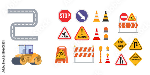 Road Construction and Traffic Safety Signs Vector Illustration
