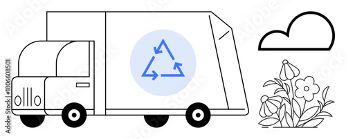 Recycling truck with recycling sign, flowers, and cloud symbolizing waste management, sustainability, green living, environmental care, eco-consciousness, pollution reduction eco-transportation. A