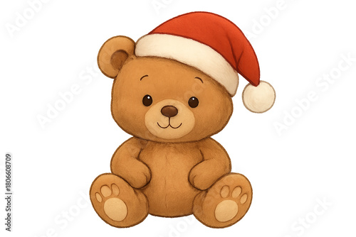 Ourson mignon portant un bonnet de Noël sur fond blanc