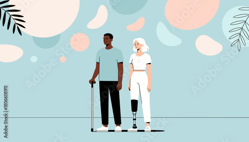 Young disabled man with cane standing next to woman in activewear  