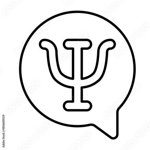 Bubble with trident thin line icon, psychiatry concept. Vector graphics. Trident in speech dialog, popup sign on white background, style icon mobile or web design.