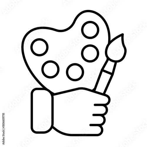 Palette with paintbrush in hand thin line icon, art therapy concept. Vector graphics. Painter hand with brush and palette sign on white background, style icon mobile or web design.