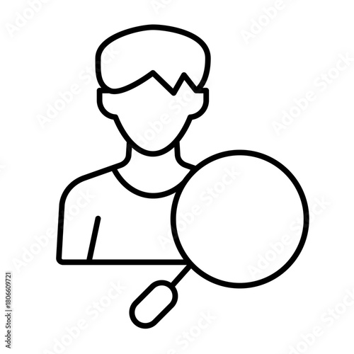 Man with magnifier thin line icon, recruitment concept. Vector graphics. Young man and magnifying glass, profile sign on white background, style icon mobile or web design.