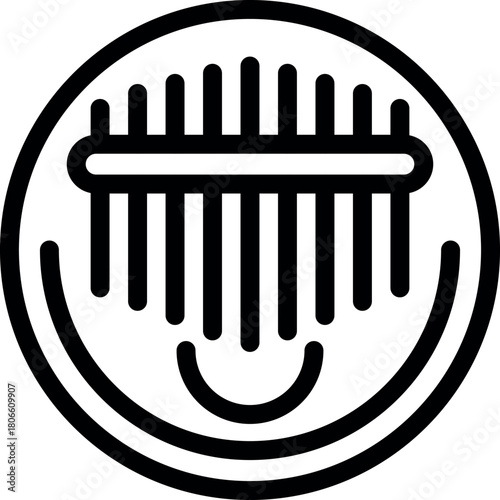 Simple, bold line drawing of a kalimba, a traditional african musical instrument, highlighting its sound hole and metal tines
