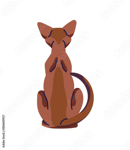 Cute turned away cat. Back view of offended sitting kitty. Backside of relaxing kitten. Behind of domestic animal, pet with wagging tail. Flat isolated vector illustration on white background
