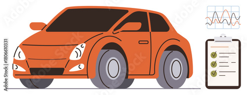 Orange car with wheels and headlights, performance graphs, and checklist clipboard. Ideal for automotive technology, car maintenance, efficiency, diagnostics, repair services, analysis simple flat