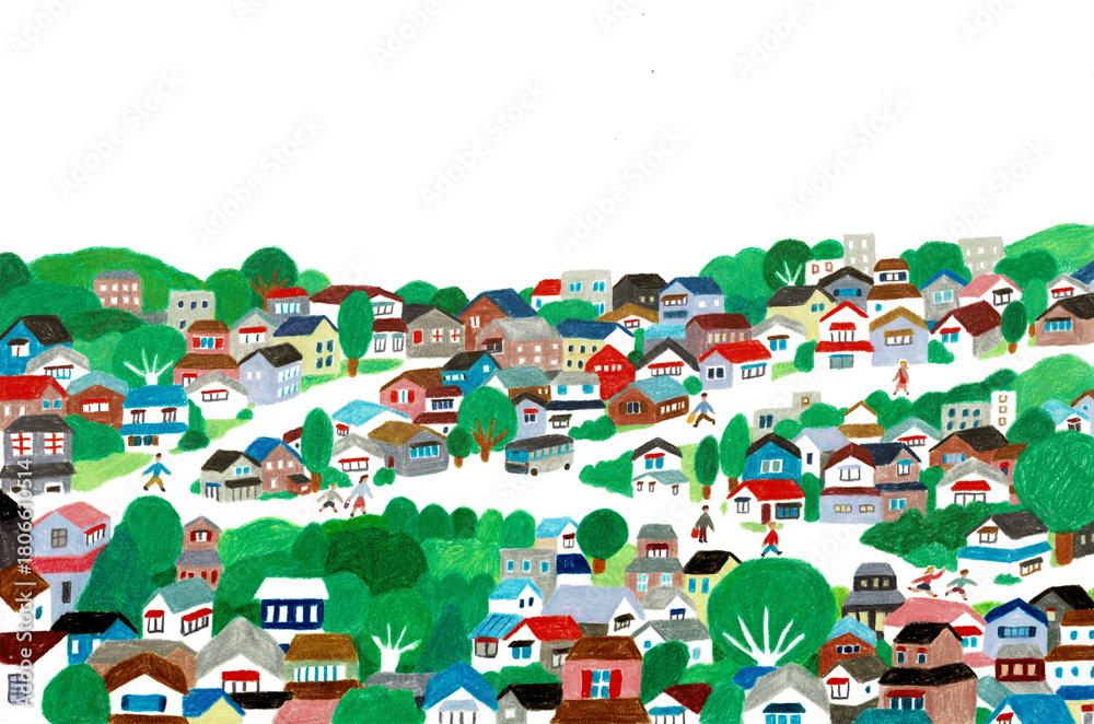 Fototapeta premium 手描きイラスト 緑あふれる住宅街とそこに住む人々 