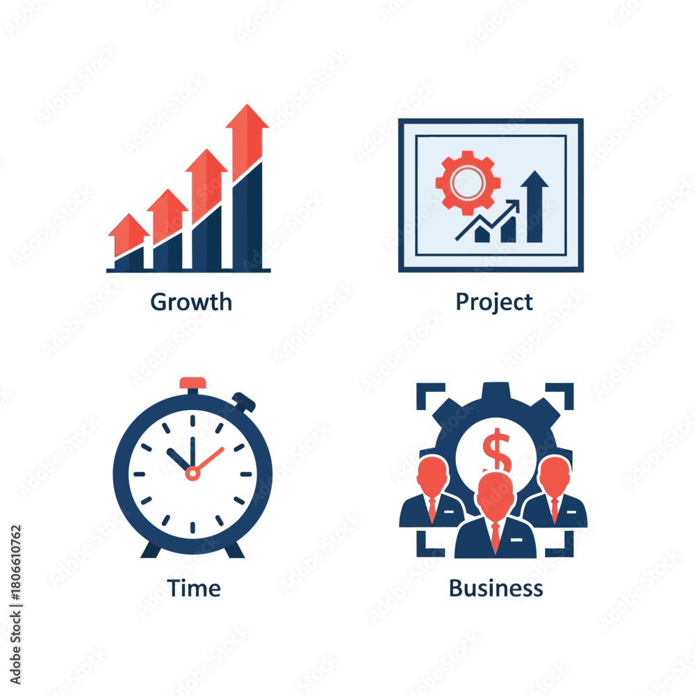 Fototapeta premium Vector illustration of four business concept icons growth, project, time, and business