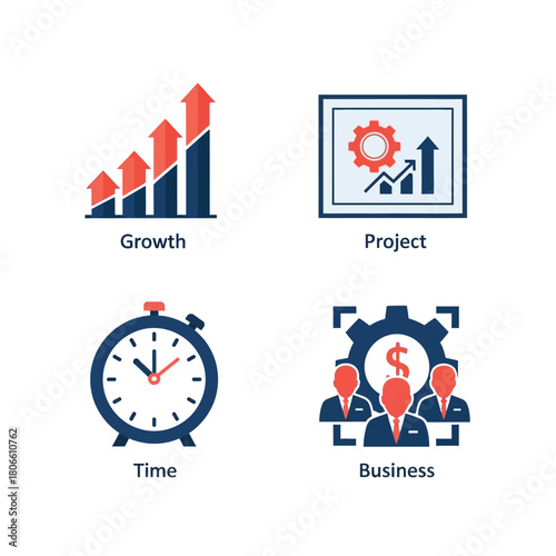 Vector illustration of four business concept icons growth, project, time, and business