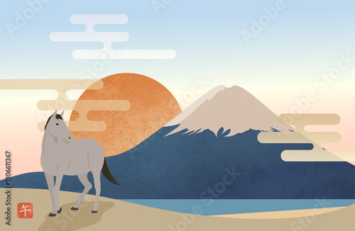 First Sunrise (one horse and blue Mount Fuji)