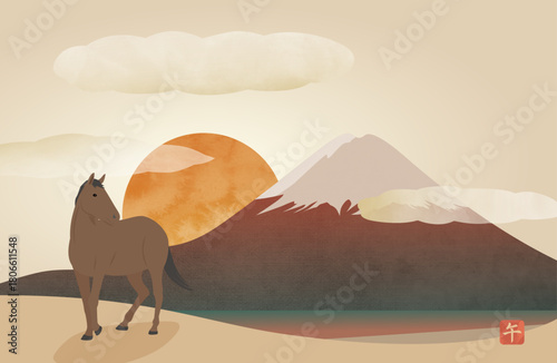 A chestnut horse and Mount Fuji at sunrise