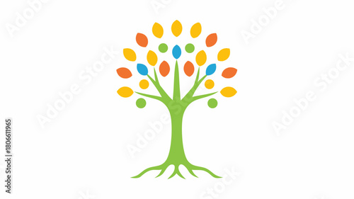 Vibrant tree with colorful leaves symbolizing growth and nature's beauty, perfect for eco-friendly brands and environmental initiatives showcasing a fresh design