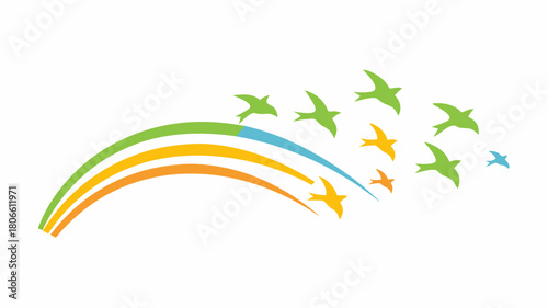 Soaring birds take flight from a vibrant rainbow, embodying freedom, joy, and new beginnings in a colorful, uplifting design for growth and optimism