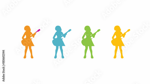 Vibrant girl band ready to rock, colorful silhouettes of female guitarists in orange, blue, green and yellow offer energy and upbeat vibes for music event