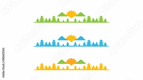 Vibrant mountain landscape elements with sunburst and pine trees for nature-inspired designs, perfect for outdoorsy branding, originally a scalable vector graphic