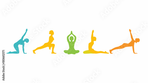 Find inner peace and strength with this vibrant yoga pose collection, perfect for fitness brands, wellness retreats, and healthy living promotions