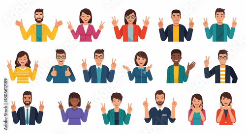 Diverse group of people making peace sign or displaying two fingers up in colorful outfits