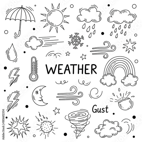 Doodle weather icons: sun, clouds, rain, snowflakes, storm, rainbow, wind, moon