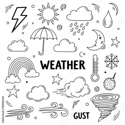 Weather symbols: cloud, sun, rain, moon, wind, storm, thermometer