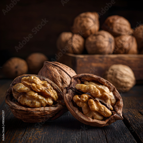 Closeup of walnuts on a wooden table, showcasing their intricate texture and rich brown color, with a rustic box filled with more walnuts in the background