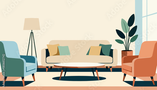 Modern living room with colorful furniture and indoor plant  