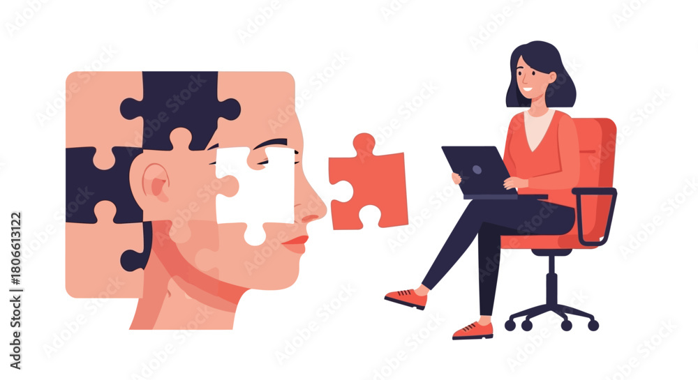 Obraz premium Psychology Solving the Puzzle of Mental Health with a Woman and Jigsaw