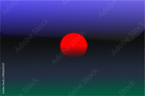 A vivid red orb sinks into a misty gradient landscape, blending night’s deep blues with emerging greens in a calm, surreal atmospheric transition.