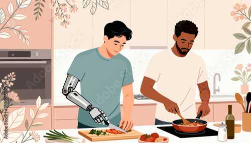 Two men cooking together in modern kitchen with robot arm assisting  